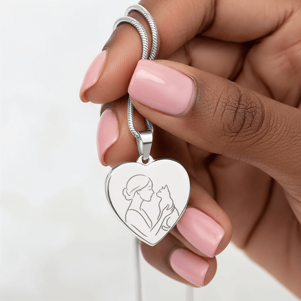 Cat Lady Heart Necklace – Engraved Line-Art Pendant