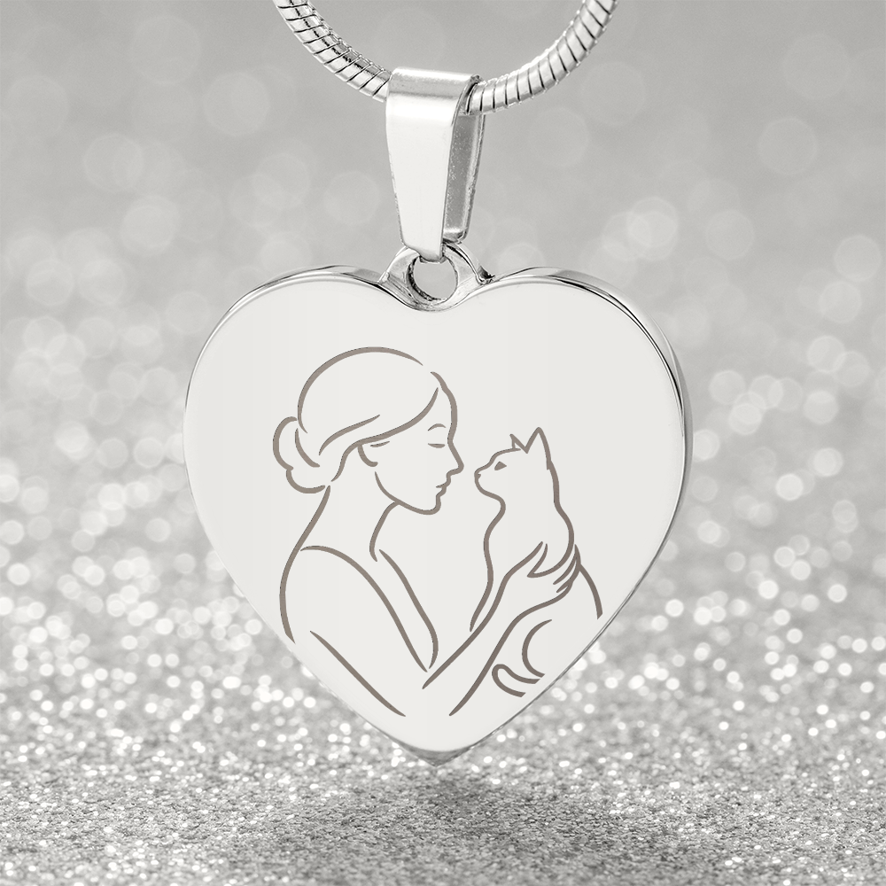 Cat Lady Heart Necklace – Engraved Line-Art Pendant