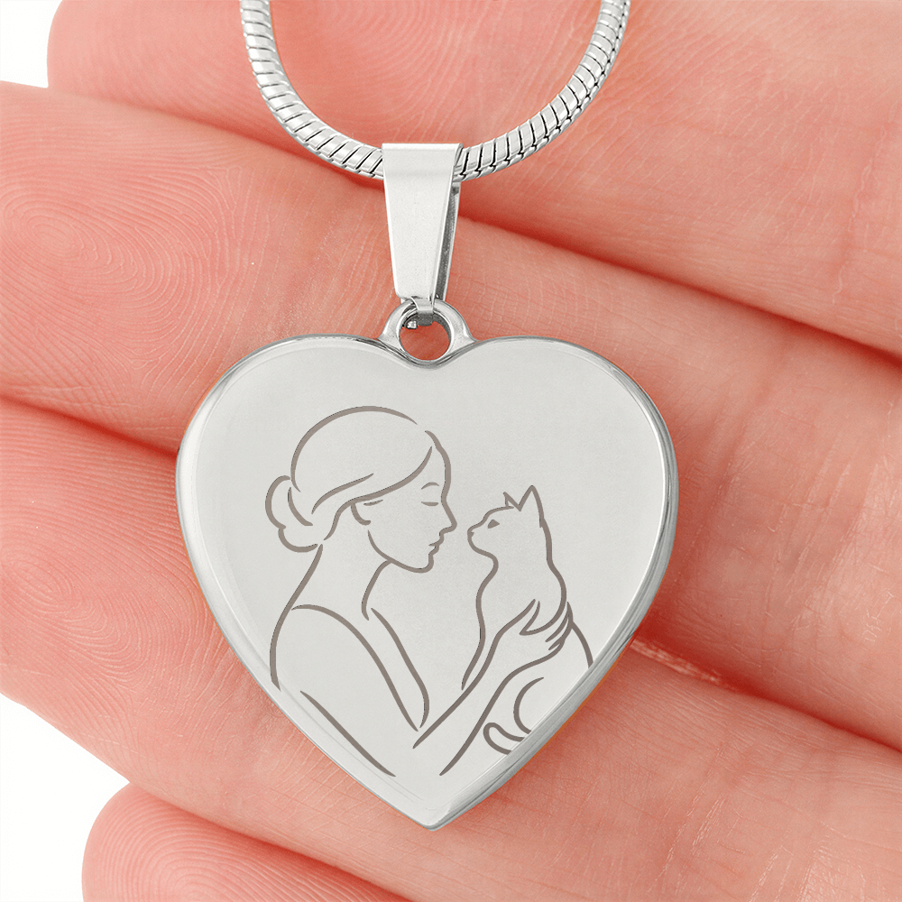 Cat Lady Heart Necklace – Engraved Line-Art Pendant