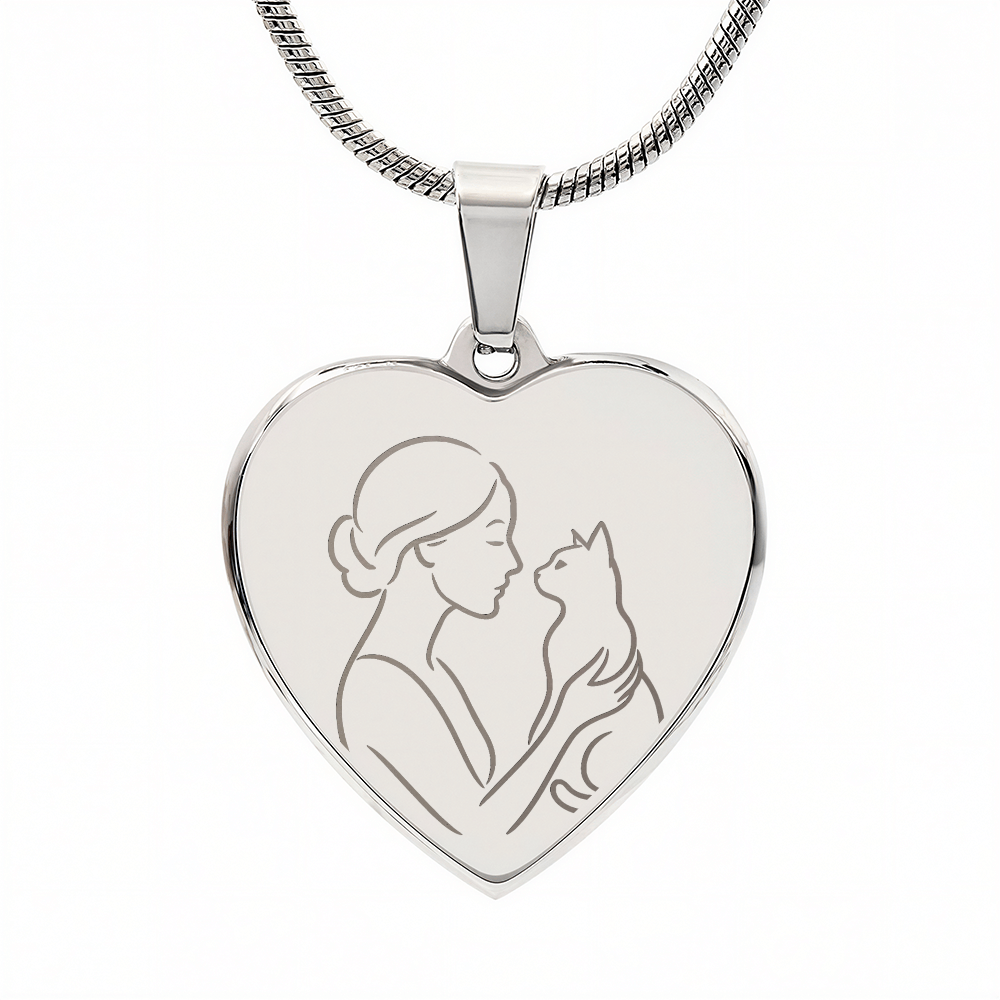 Cat Lady Heart Necklace – Engraved Line-Art Pendant