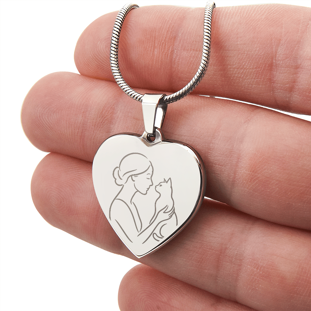 Cat Lady Heart Necklace – Engraved Line-Art Pendant