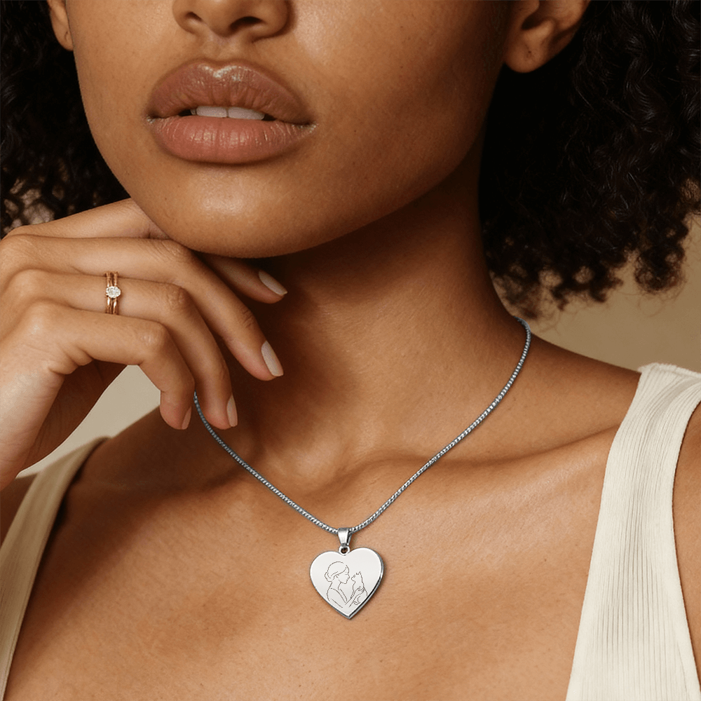 Cat Lady Heart Necklace – Engraved Line-Art Pendant