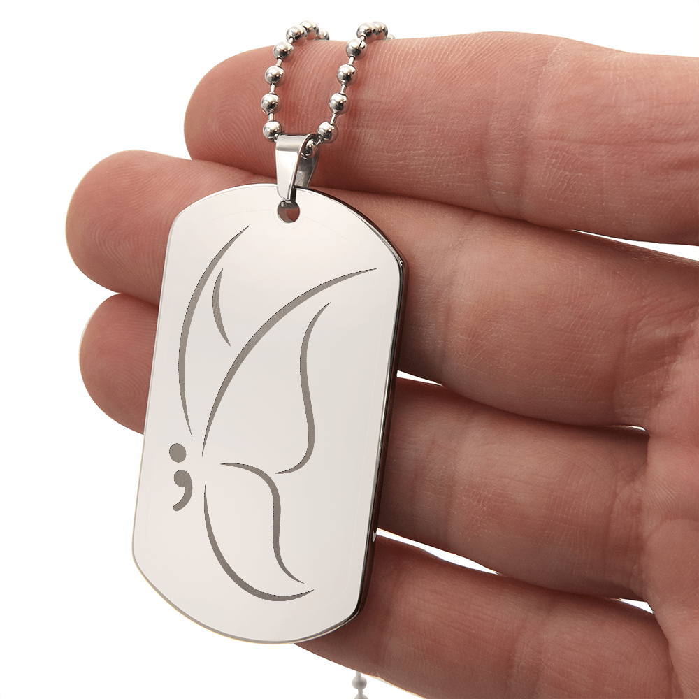 Semicolon Butterfly Engraved Dog Tag Necklace | Suicide Awareness Jewelry