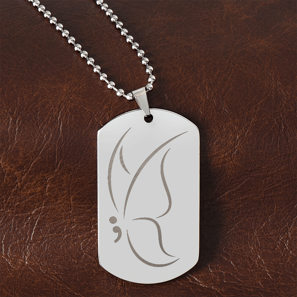Semicolon Butterfly Engraved Dog Tag Necklace | Suicide Awareness Jewelry