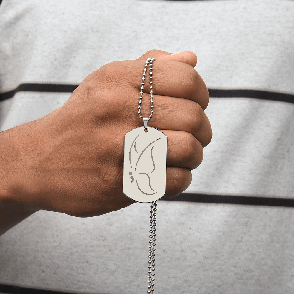 Semicolon Butterfly Engraved Dog Tag Necklace | Suicide Awareness Jewelry