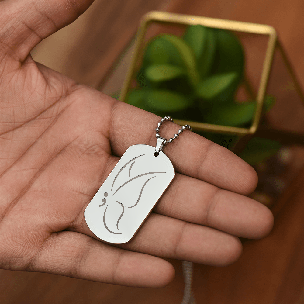 Semicolon Butterfly Engraved Dog Tag Necklace | Suicide Awareness Jewelry