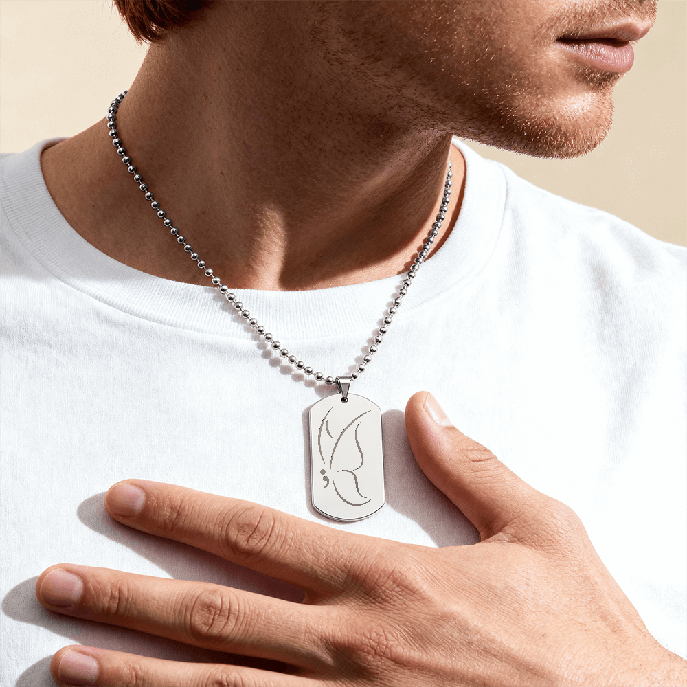 Semicolon Butterfly Engraved Dog Tag Necklace | Suicide Awareness Jewelry