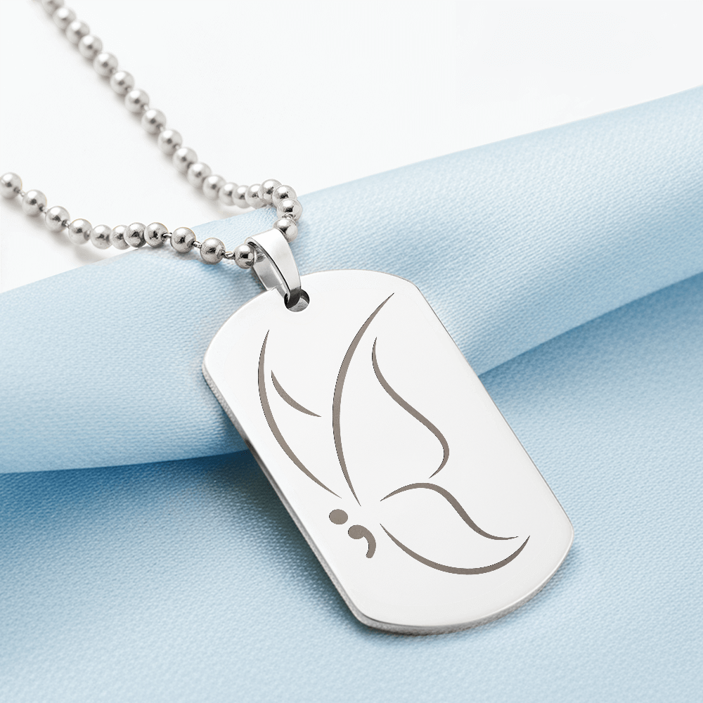 Semicolon Butterfly Engraved Dog Tag Necklace | Suicide Awareness Jewelry