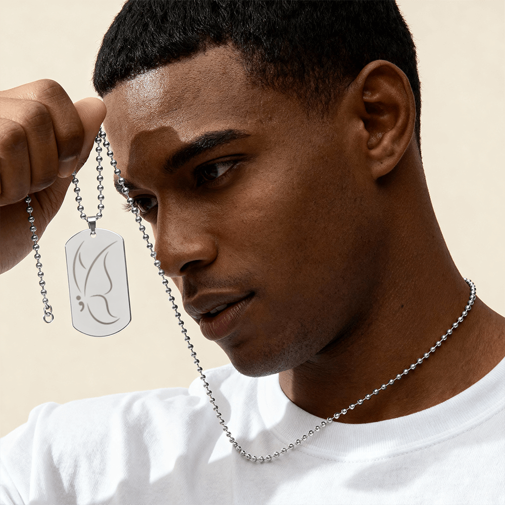 Semicolon Butterfly Engraved Dog Tag Necklace | Suicide Awareness Jewelry