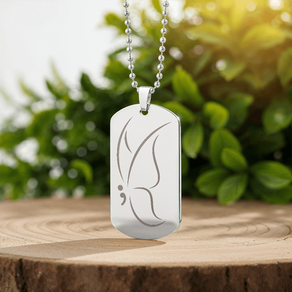 Semicolon Butterfly Engraved Dog Tag Necklace | Suicide Awareness Jewelry