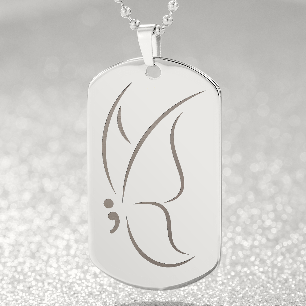 Semicolon Butterfly Engraved Dog Tag Necklace | Suicide Awareness Jewelry