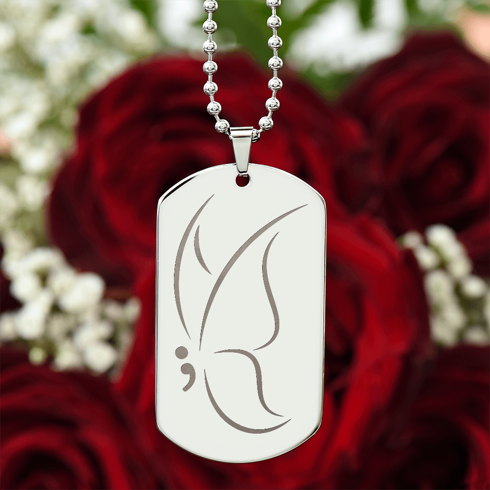 Semicolon Butterfly Engraved Dog Tag Necklace | Suicide Awareness Jewelry