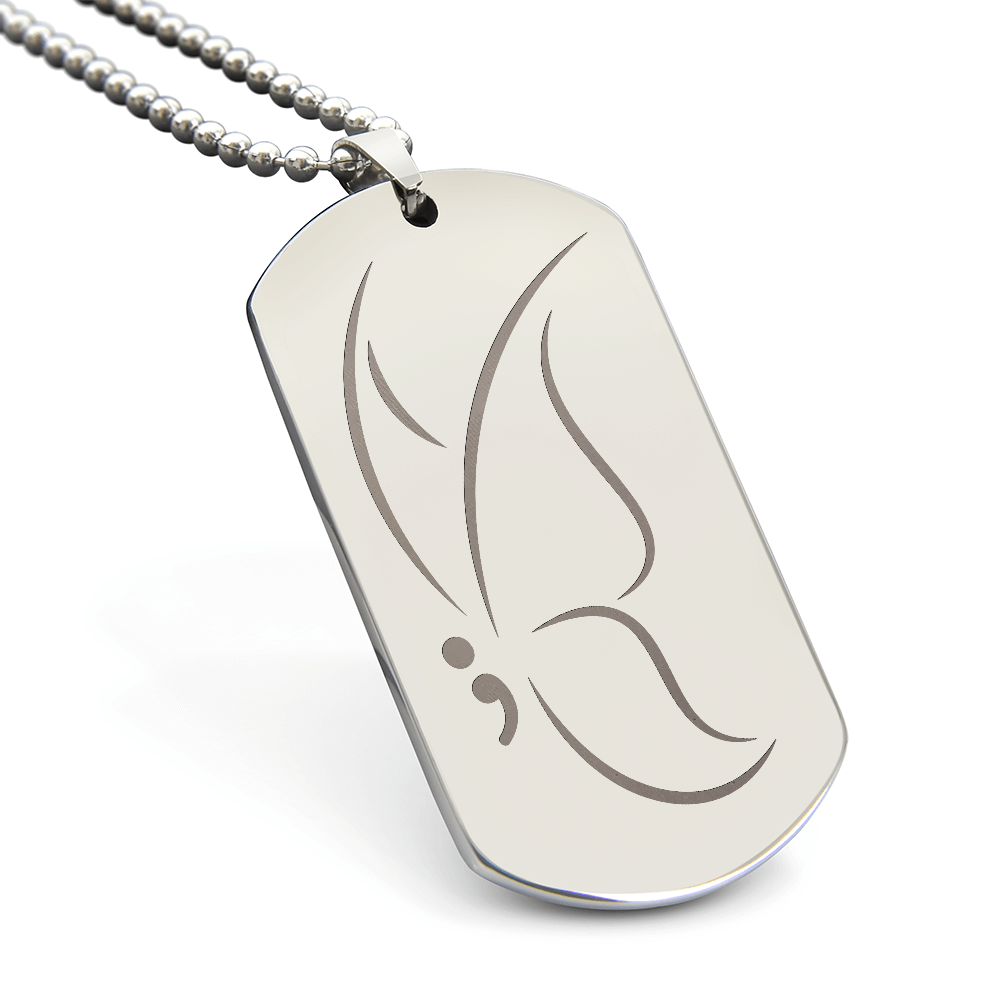 Semicolon Butterfly Engraved Dog Tag Necklace | Suicide Awareness Jewelry