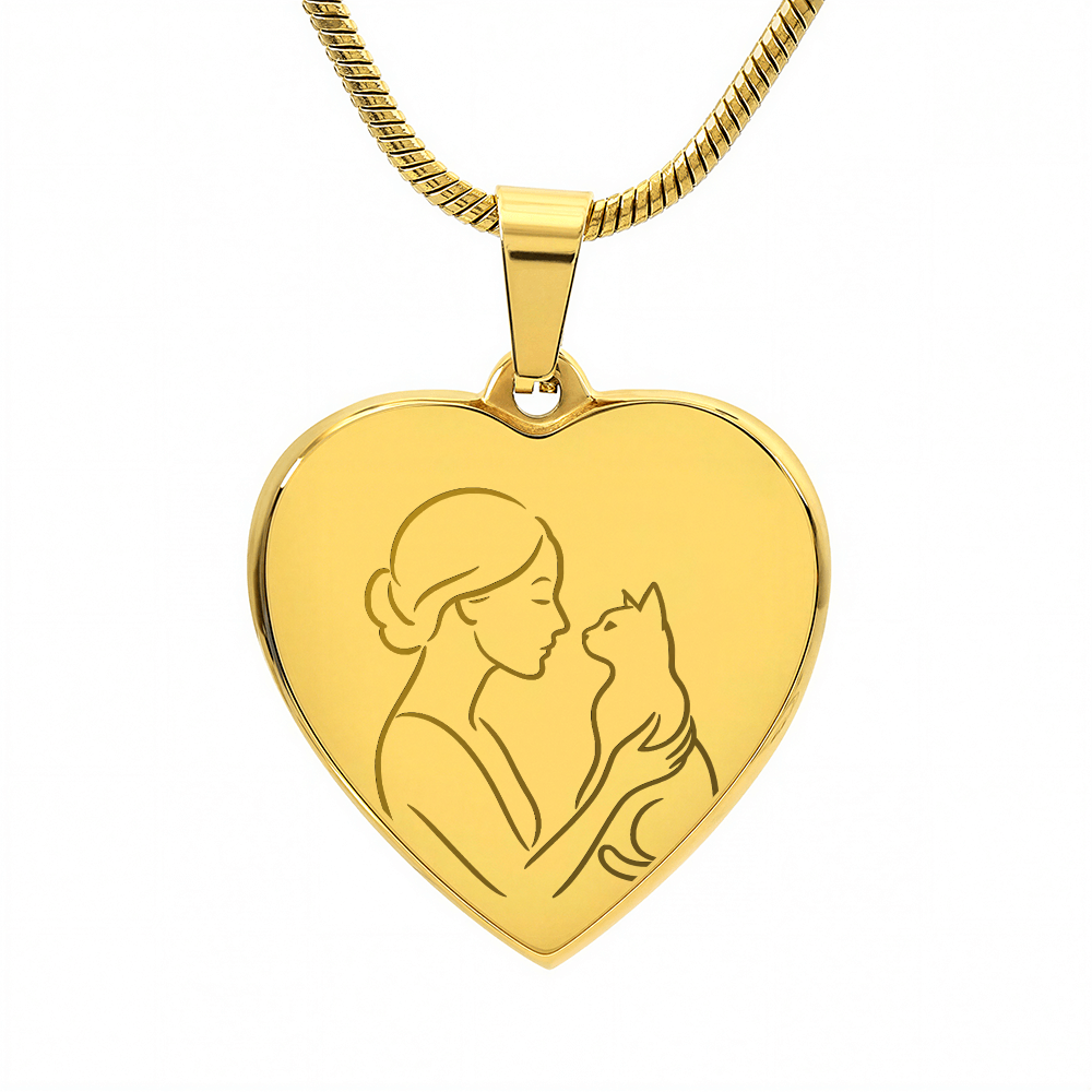 Cat Lady Heart Necklace – Engraved Line-Art Pendant
