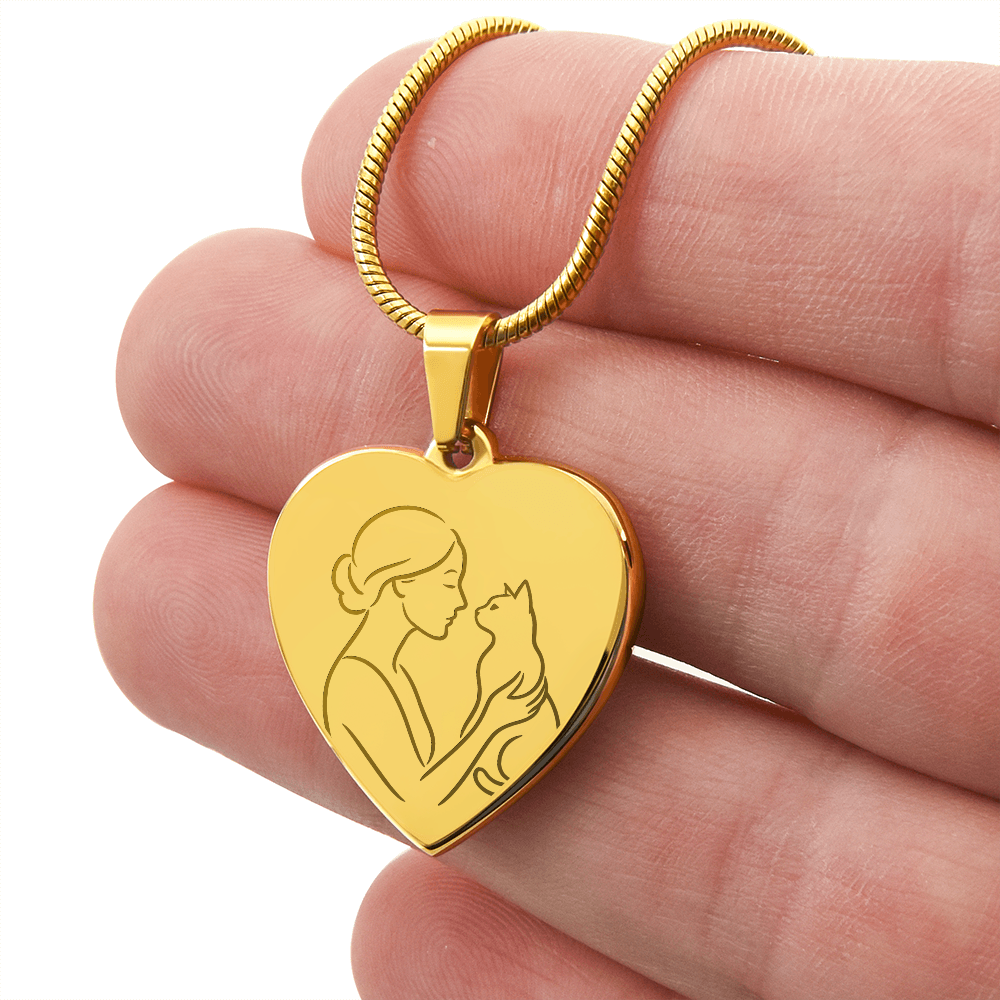 Cat Lady Heart Necklace – Engraved Line-Art Pendant