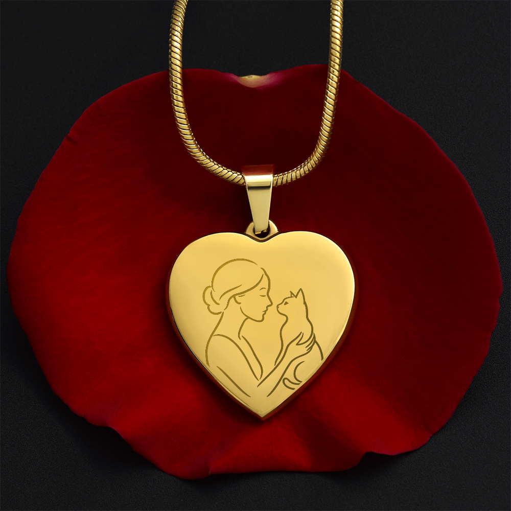 Cat Lady Heart Necklace – Engraved Line-Art Pendant