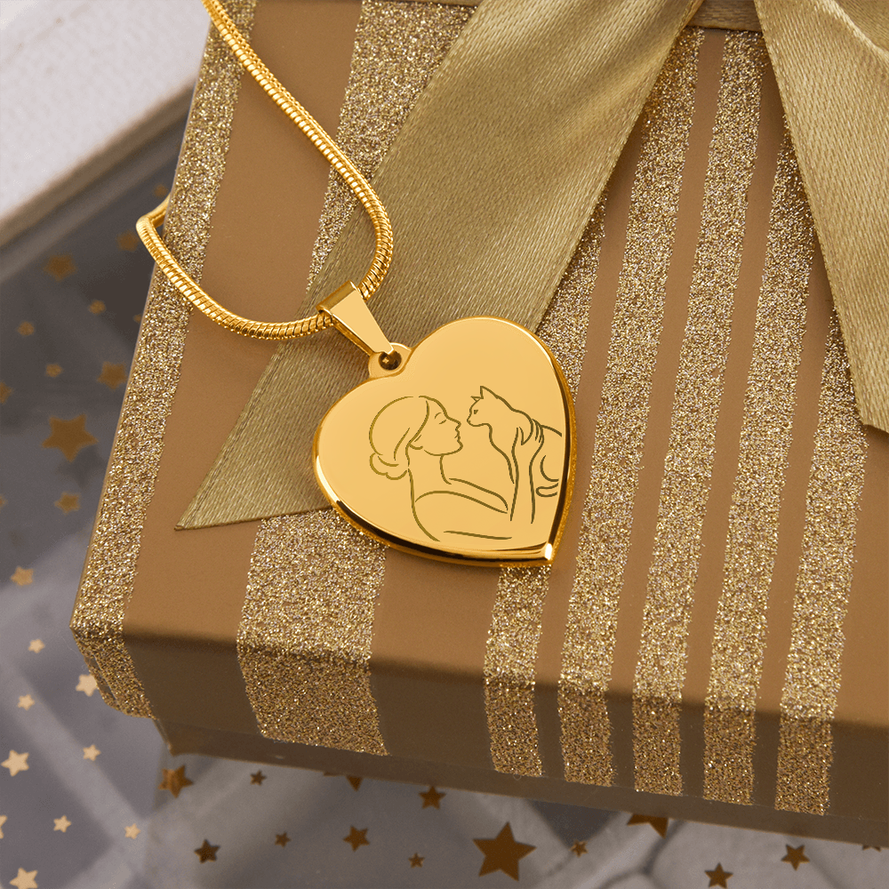 Cat Lady Heart Necklace – Engraved Line-Art Pendant