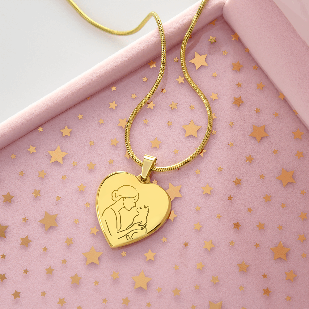 Cat Lady Heart Necklace – Engraved Line-Art Pendant