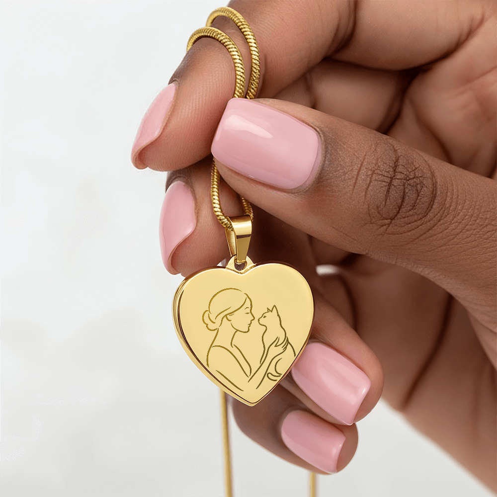 Cat Lady Heart Necklace – Engraved Line-Art Pendant