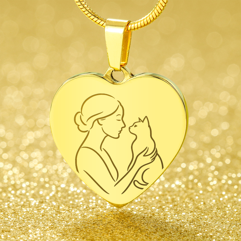 Cat Lady Heart Necklace – Engraved Line-Art Pendant