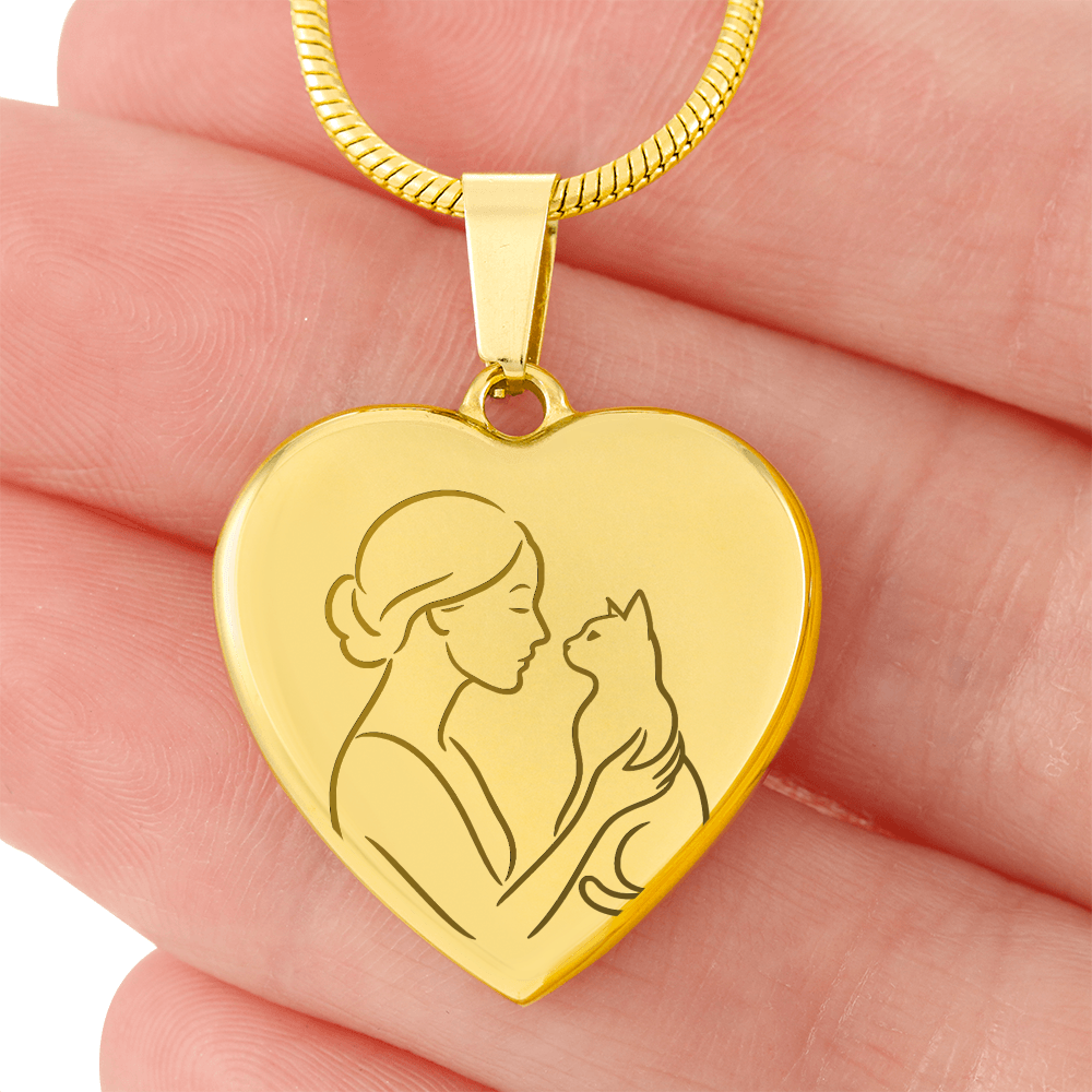 Cat Lady Heart Necklace – Engraved Line-Art Pendant