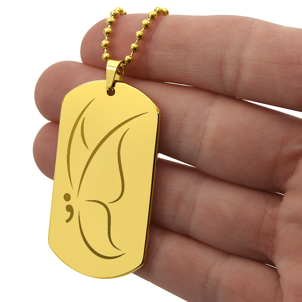 Semicolon Butterfly Engraved Dog Tag Necklace | Suicide Awareness Jewelry