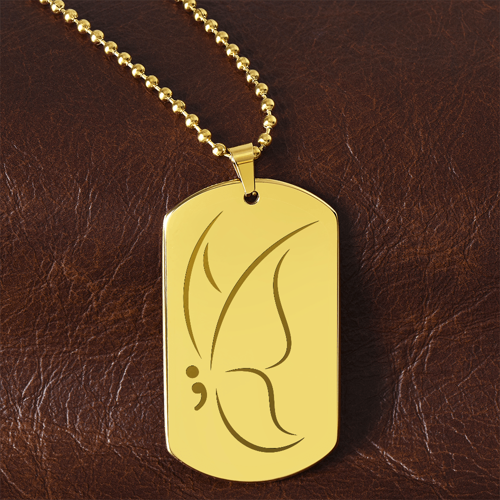 Semicolon Butterfly Engraved Dog Tag Necklace | Suicide Awareness Jewelry