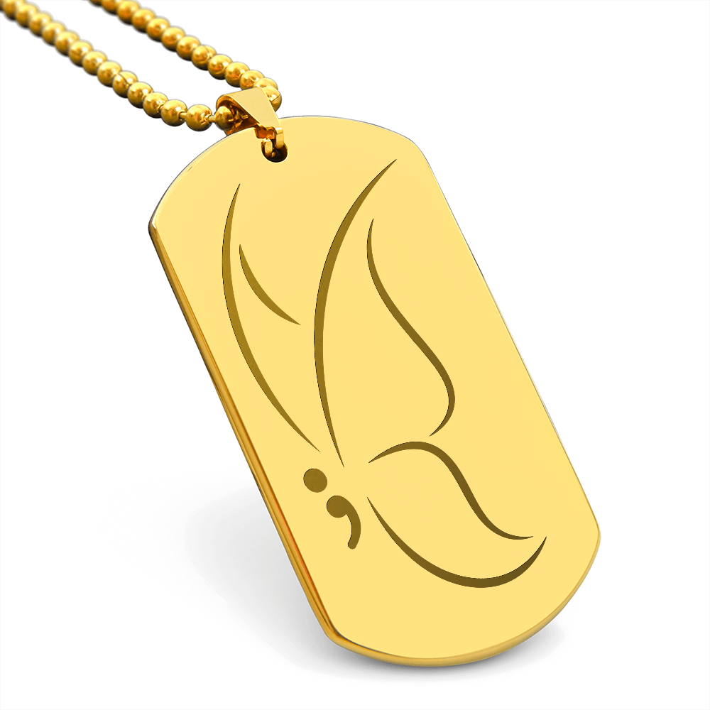 Semicolon Butterfly Engraved Dog Tag Necklace | Suicide Awareness Jewelry