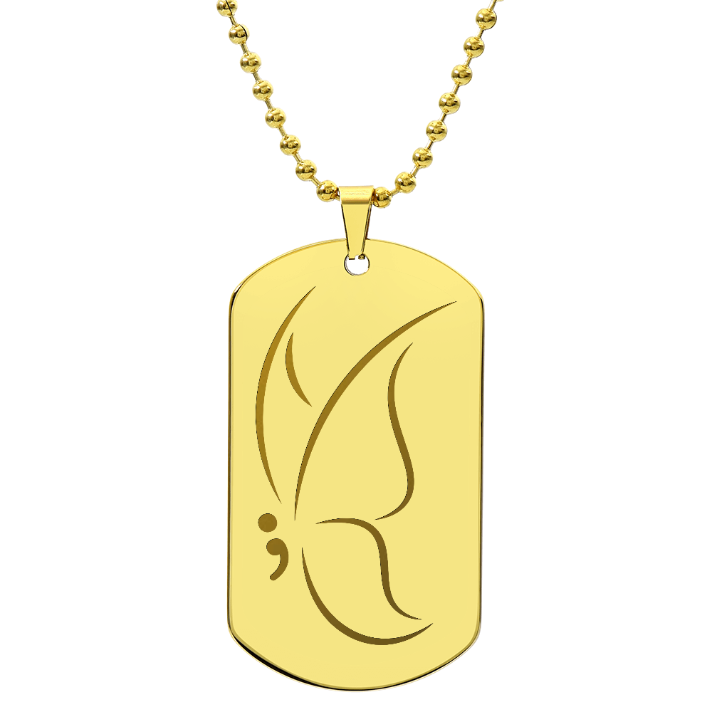 Semicolon Butterfly Engraved Dog Tag Necklace | Suicide Awareness Jewelry