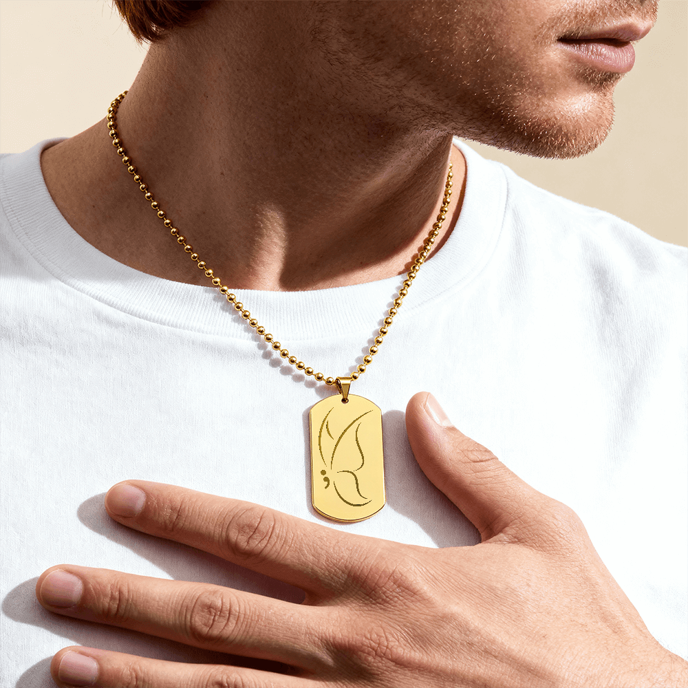Semicolon Butterfly Engraved Dog Tag Necklace | Suicide Awareness Jewelry