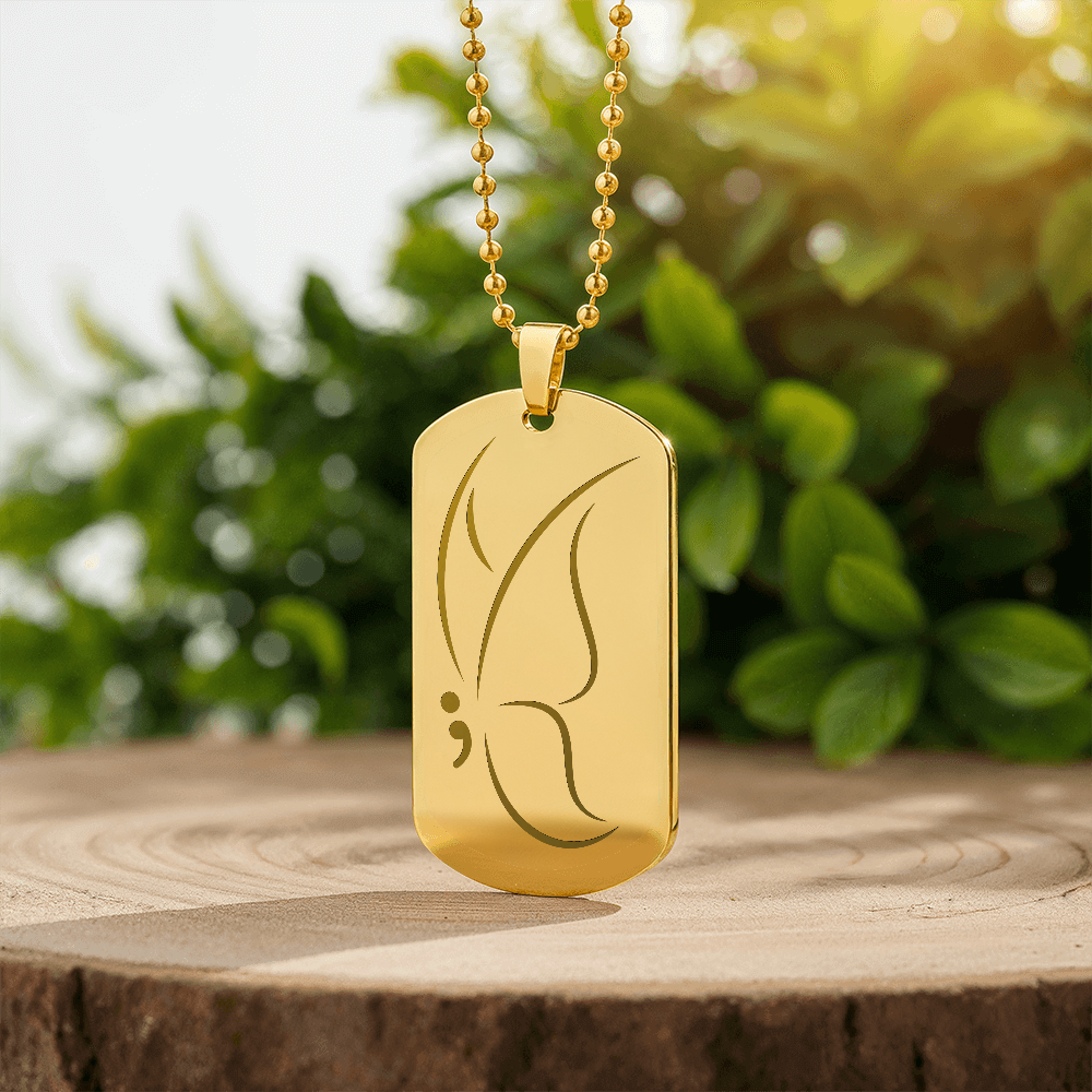 Semicolon Butterfly Engraved Dog Tag Necklace | Suicide Awareness Jewelry