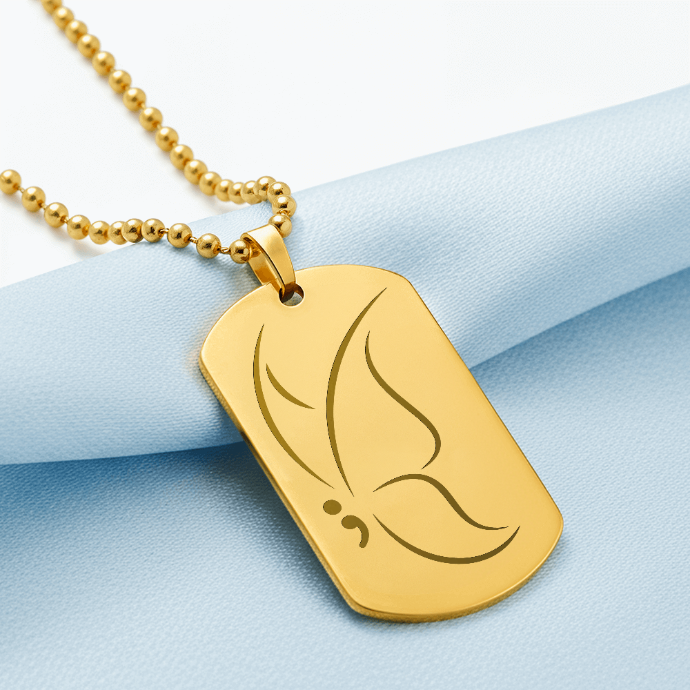 Semicolon Butterfly Engraved Dog Tag Necklace | Suicide Awareness Jewelry