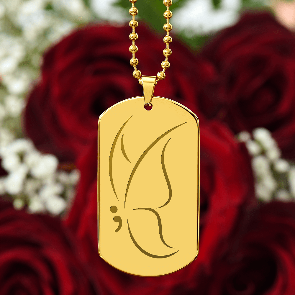 Semicolon Butterfly Engraved Dog Tag Necklace | Suicide Awareness Jewelry