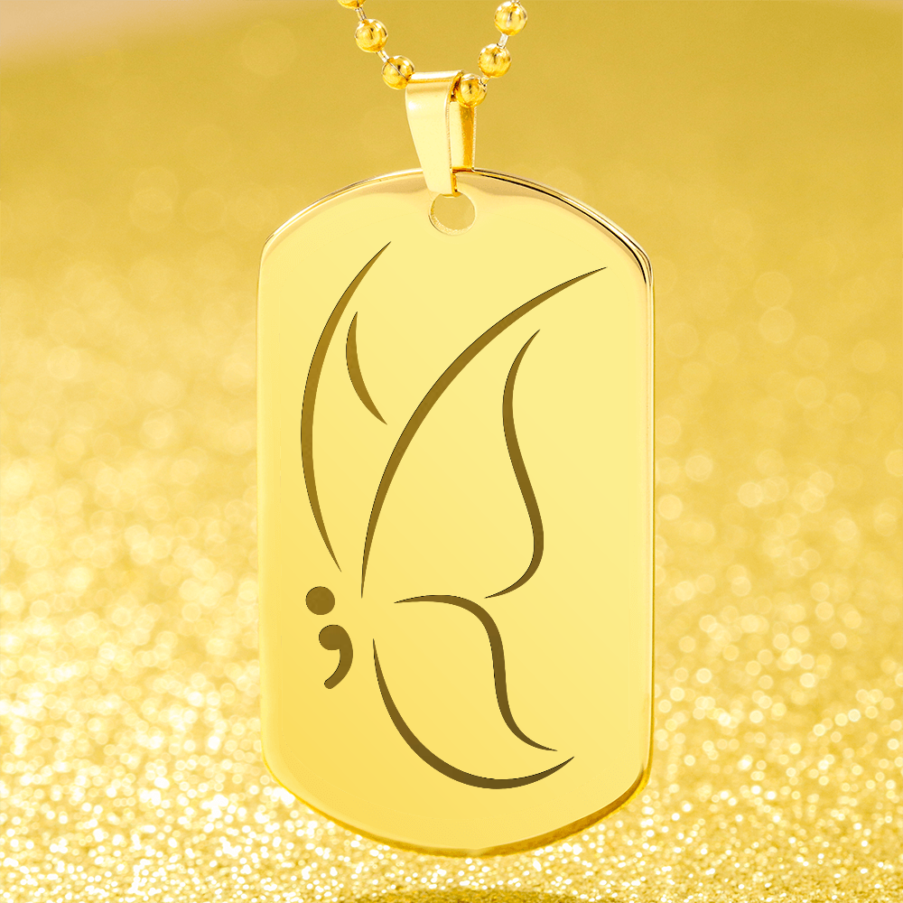 Semicolon Butterfly Engraved Dog Tag Necklace | Suicide Awareness Jewelry