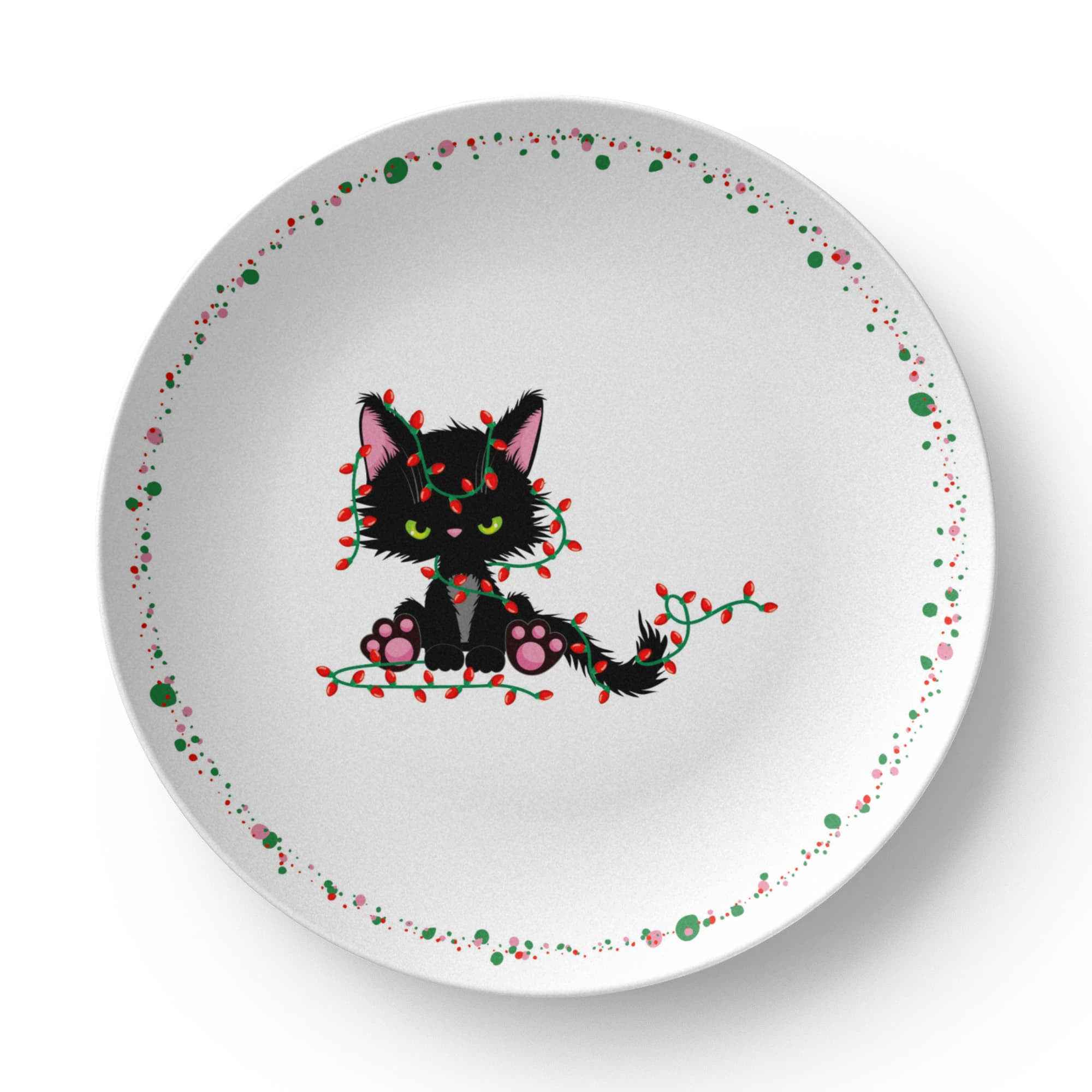 Christmas Cat Tangled in Lights Plate – 10" USA-Made Holiday Dinnerware