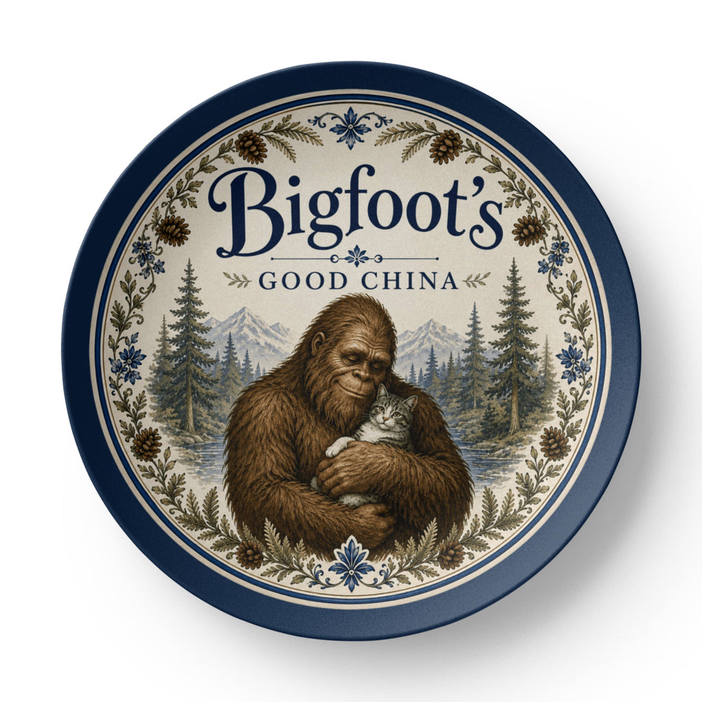 Bigfoot's Good China 10" Dinner Plate | Bigfoot & Cat Woodland Plate