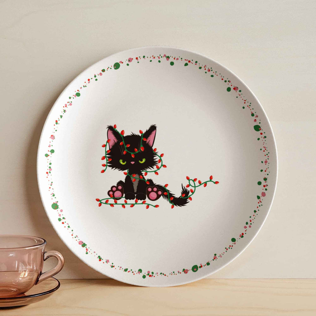 Christmas Cat Tangled in Lights Plate – 10" USA-Made Holiday Dinnerware