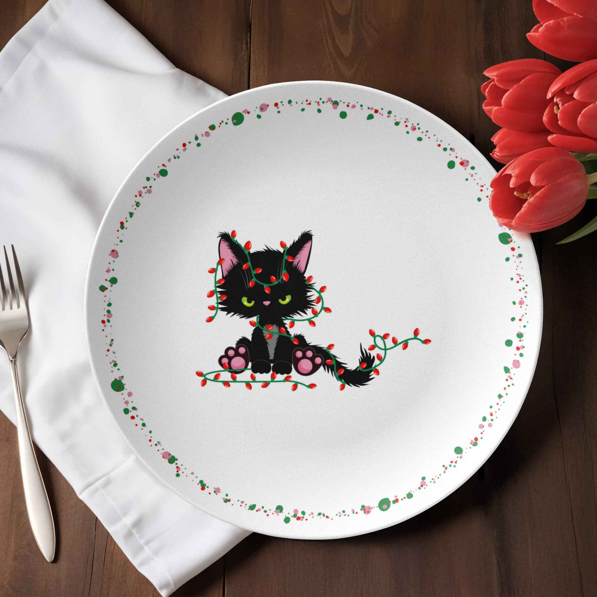 Christmas Cat Tangled in Lights Plate – 10" USA-Made Holiday Dinnerware