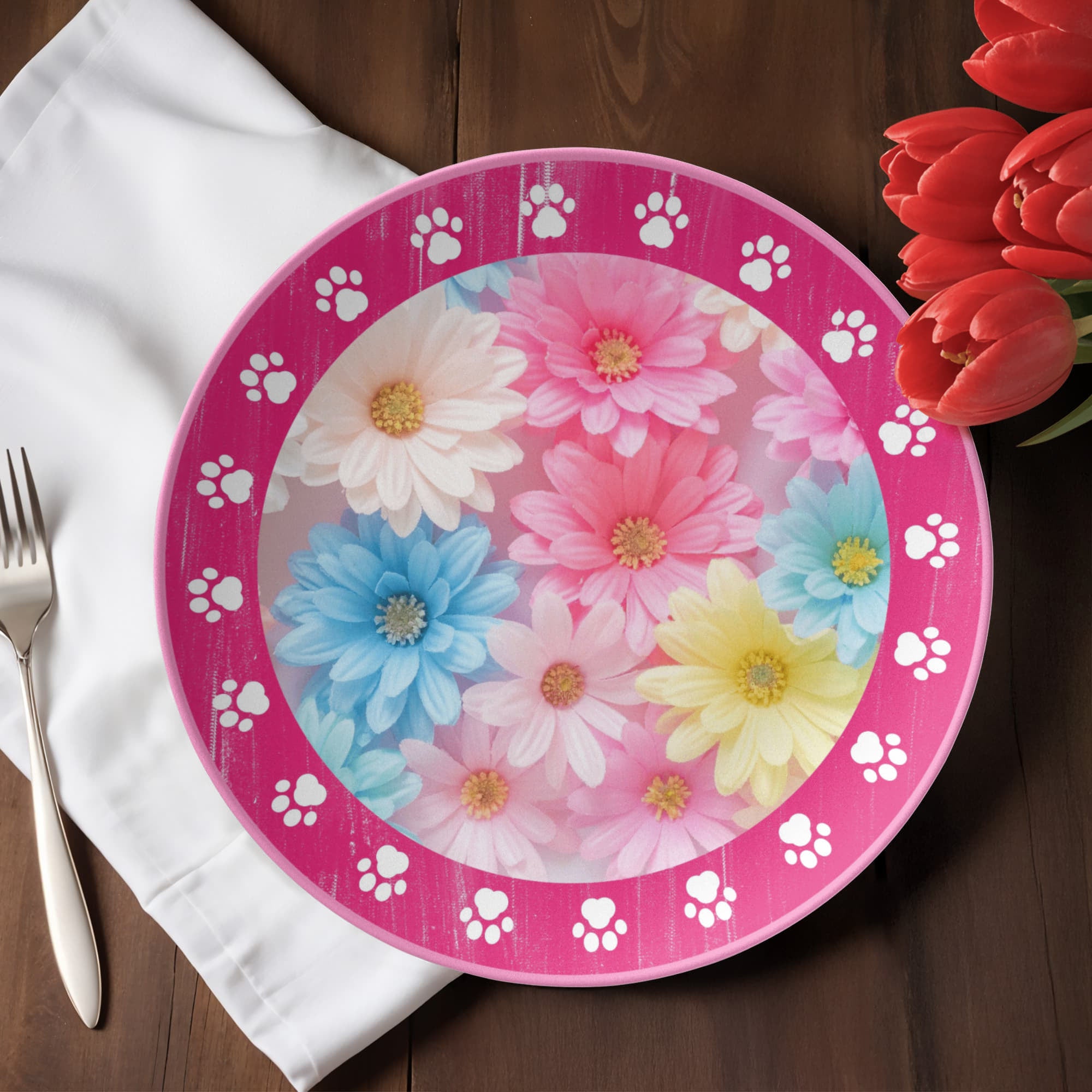 Paws & Petals Decorative Plate | Pink Floral Cat Lover Serving Plate