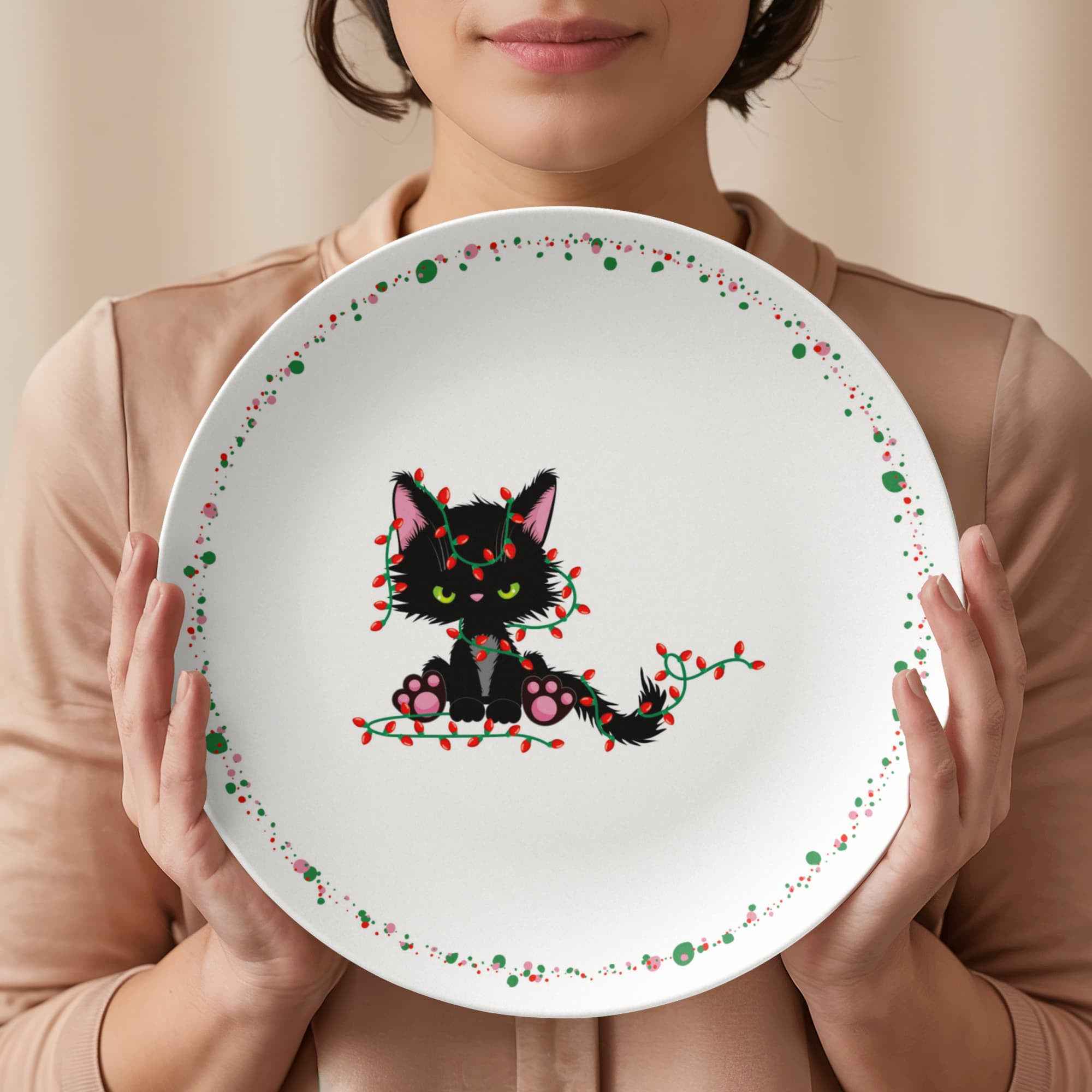 Christmas Cat Tangled in Lights Plate – 10" USA-Made Holiday Dinnerware