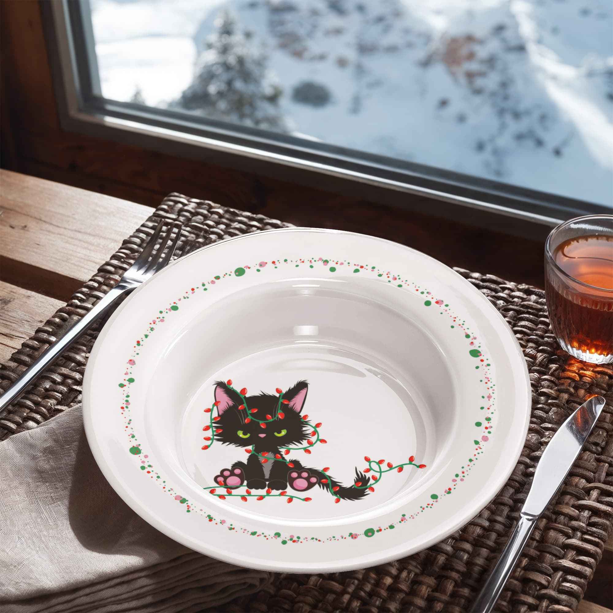 Christmas Cat Tangled in Lights Bowl – 8.5" Holiday Dinnerware