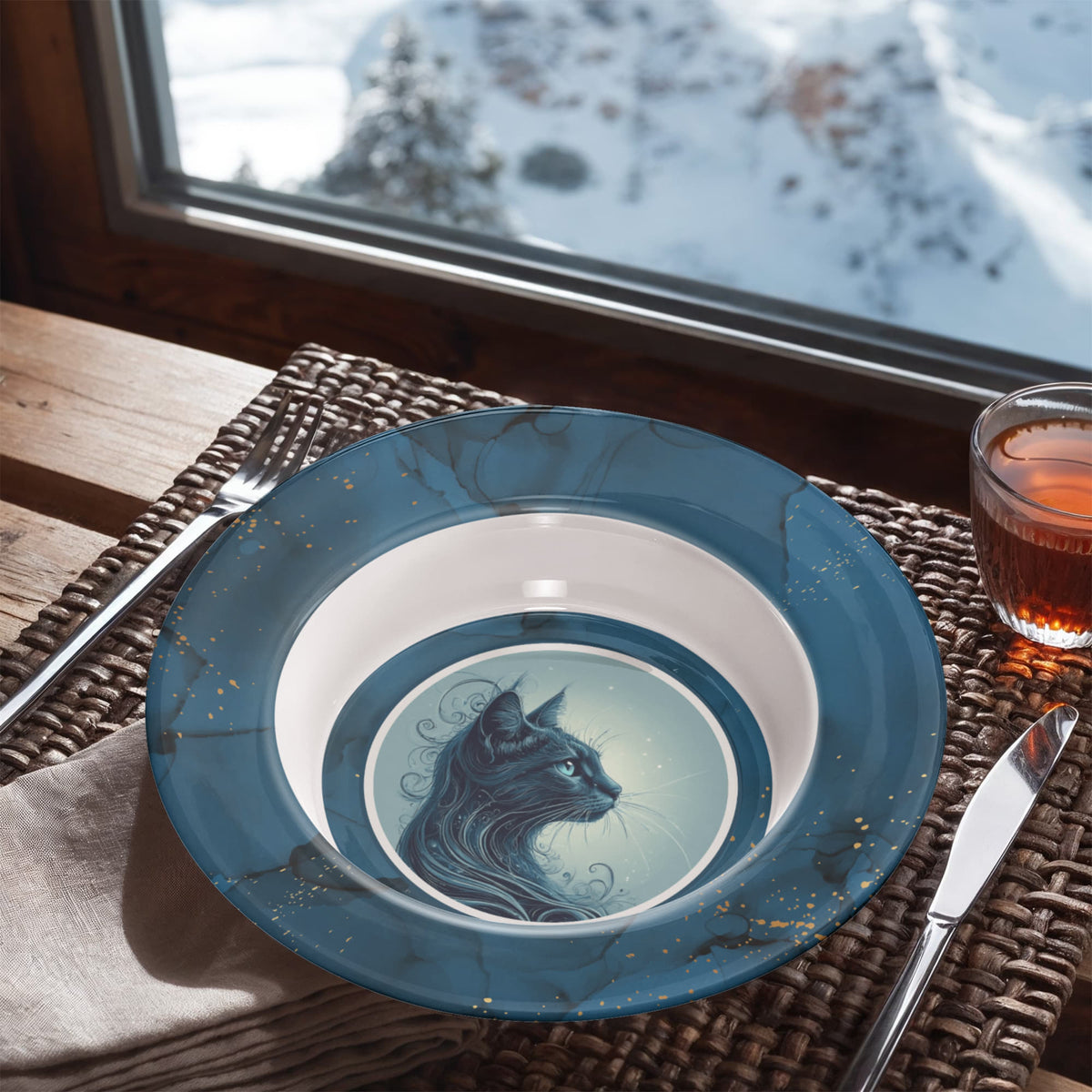 Blue Cat with Gold Accents Collectible Bowl