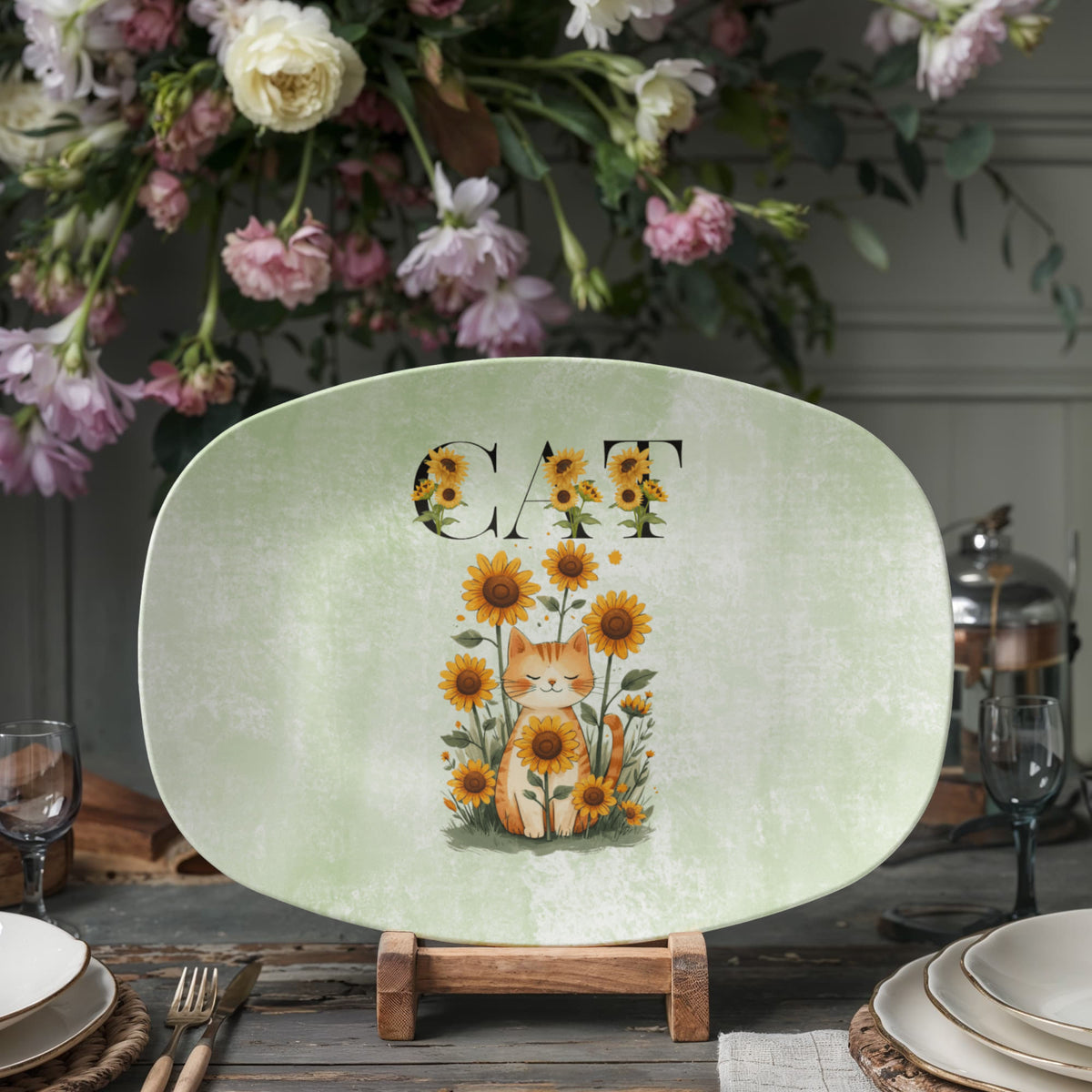 Green Sunflower Cat Collectible Platter