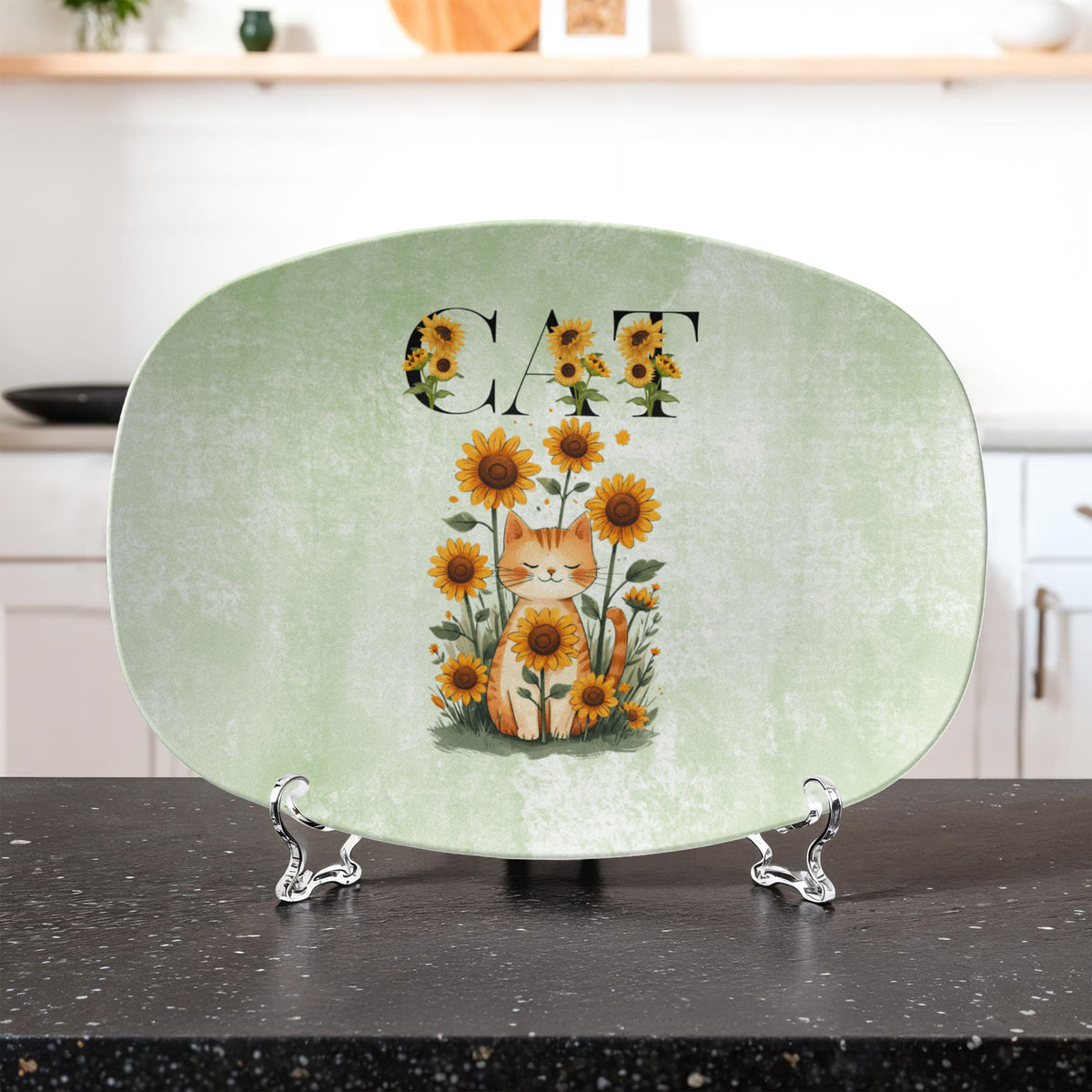 Green Sunflower Cat Collectible Platter