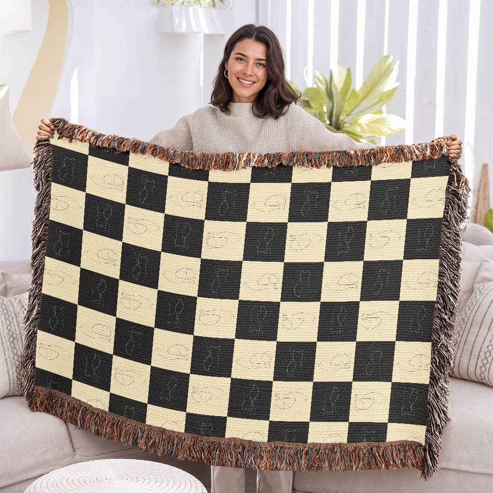 Checked Feline Woven Blanket – Gold & Black Cat Outline Throw