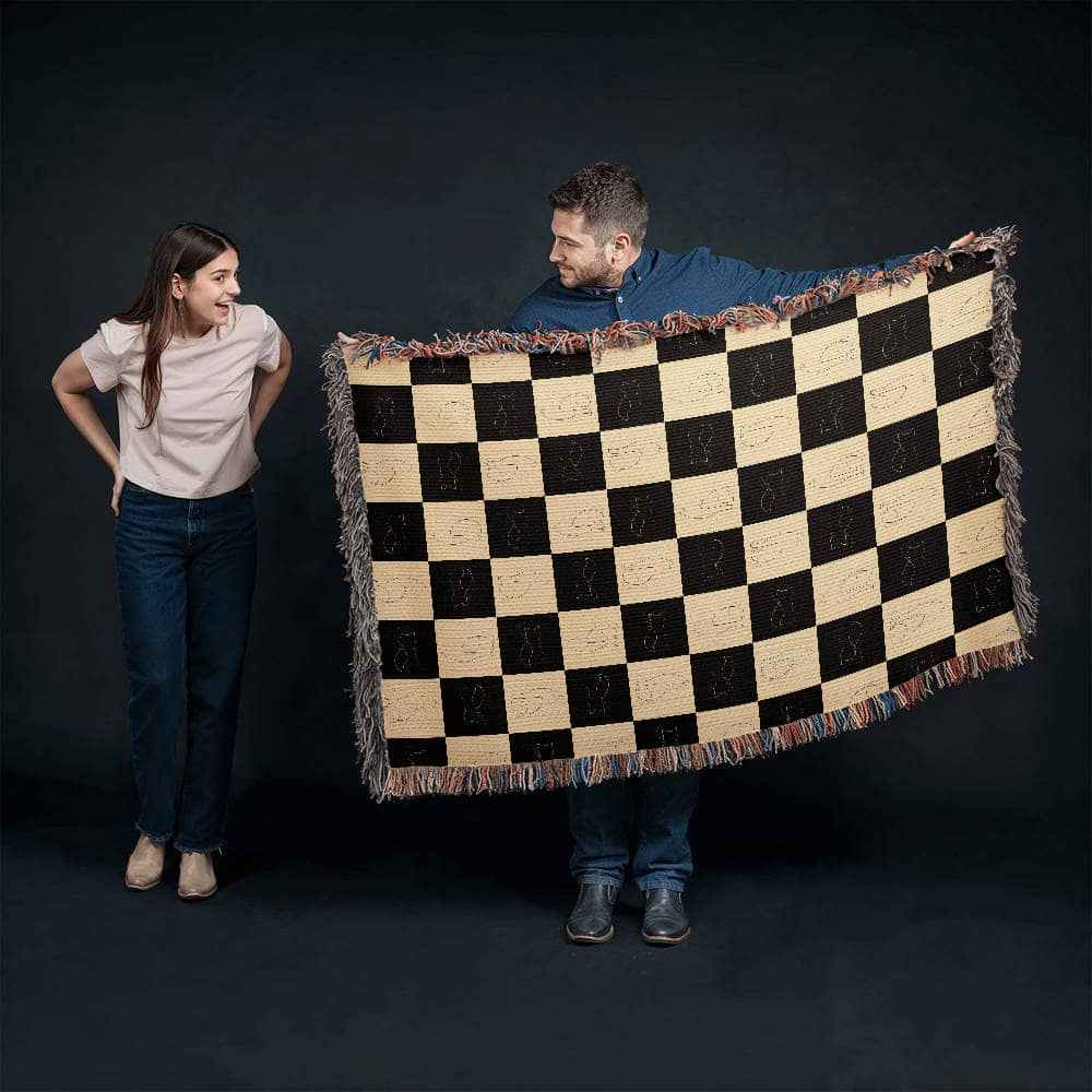 Checked Feline Woven Blanket – Gold & Black Cat Outline Throw