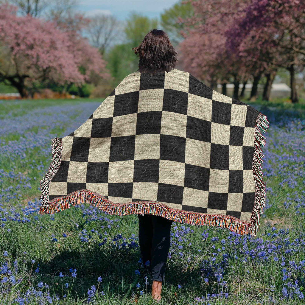 Checked Feline Woven Blanket – Gold & Black Cat Outline Throw