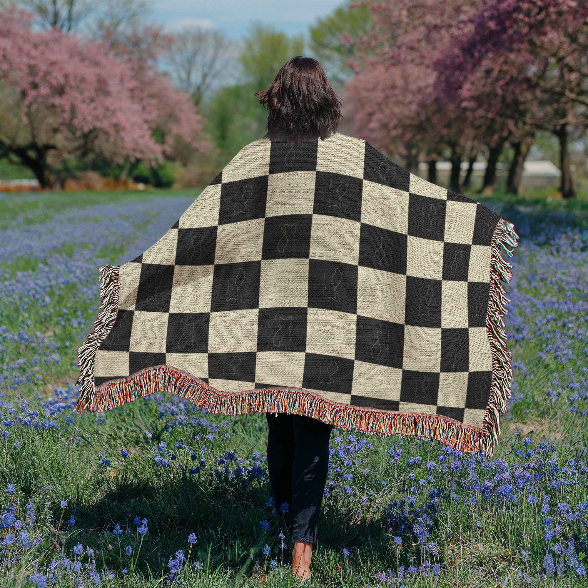 Checked Feline Woven Blanket – Gold & Black Cat Outline Throw