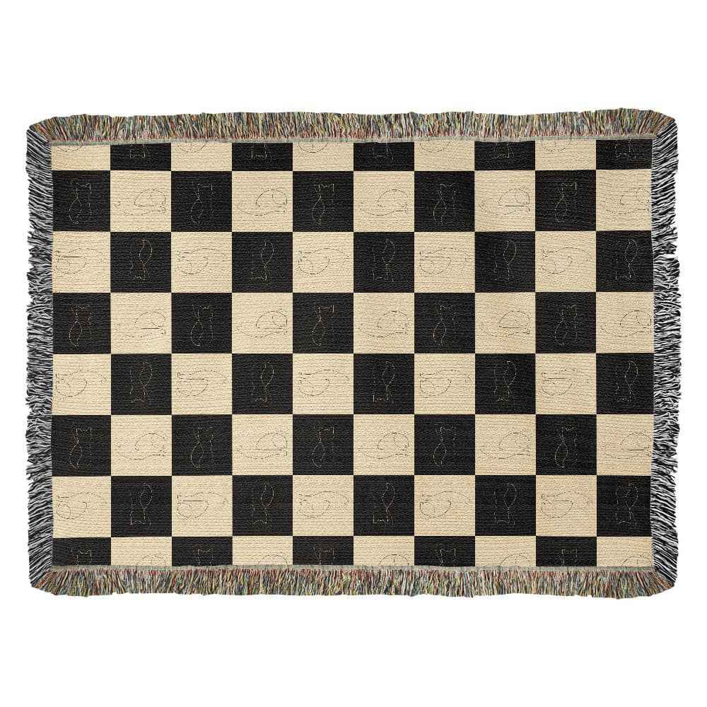 Checked Feline Woven Blanket – Gold & Black Cat Outline Throw