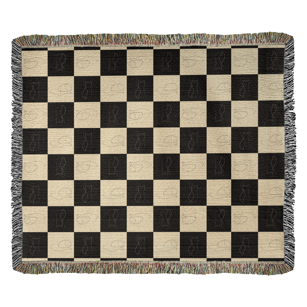 Checked Feline Woven Blanket – Gold & Black Cat Outline Throw